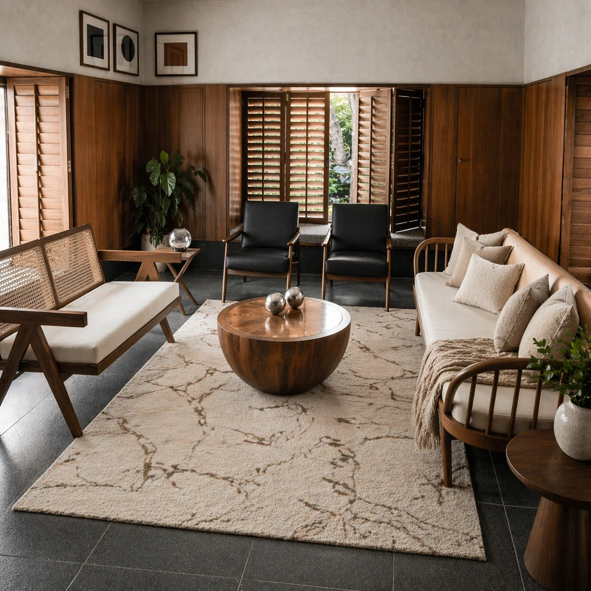 Modern living room with wooden furniture and a large rug.