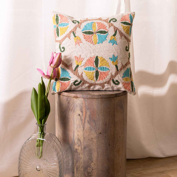 Mehek Chikan Embroidered Cotton Slub Cushion Cover