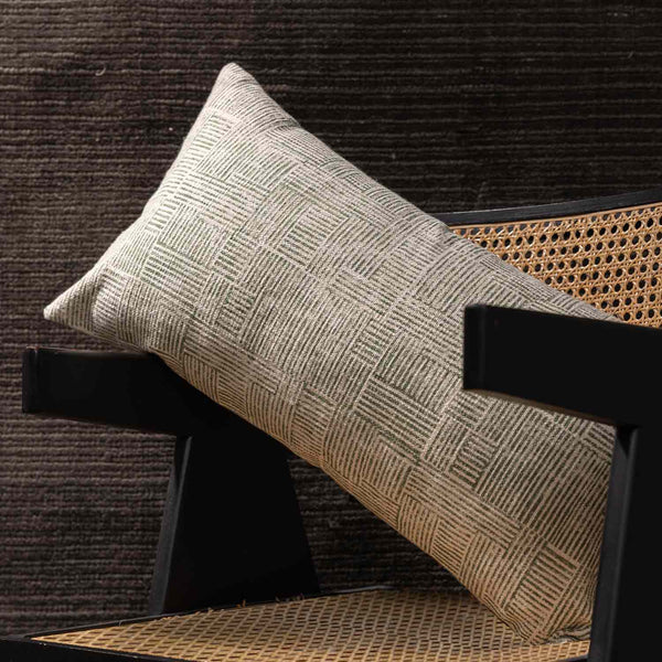 Sage Block Printed Cotton Slub Lumbar Cushion Cover