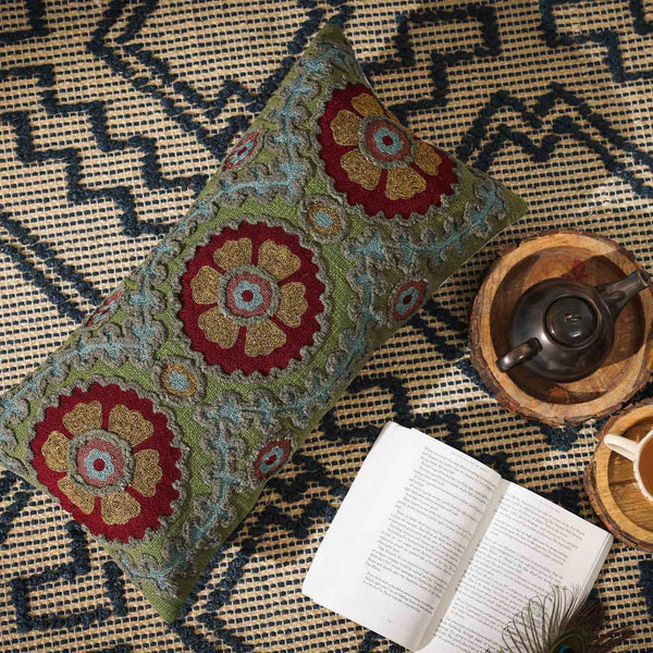 Aquarian Ari Embroidery Handloom Cotton Lumbar Cushion Cover