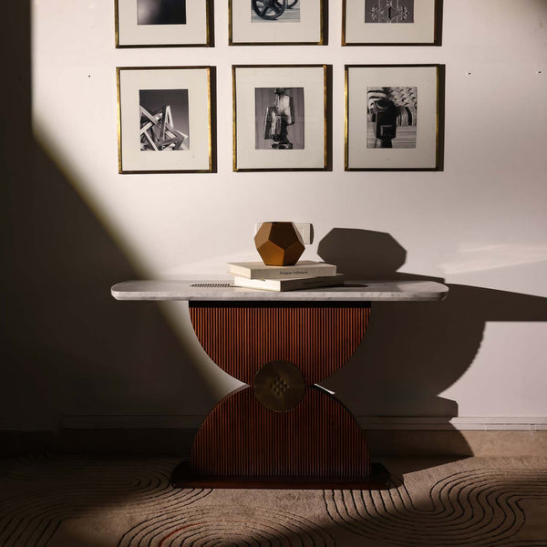 Hourglass Teak Console with Carrara Marble Top
