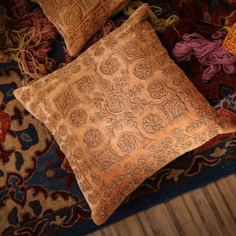 Rosewell Cotton Velvet Chikan Embroidered Cushion Cover