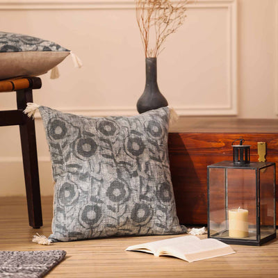 Indigo Blossom Dabu Block Printed Cushion Cover with tassels
