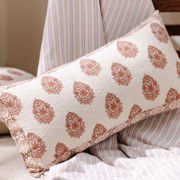 Butah Block printed Chennille Cotton Lumbar Cushion Cover