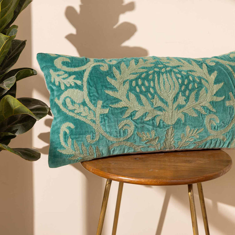 Lotus Embroidered Cotton Velvet Lumbar Cushion Cover