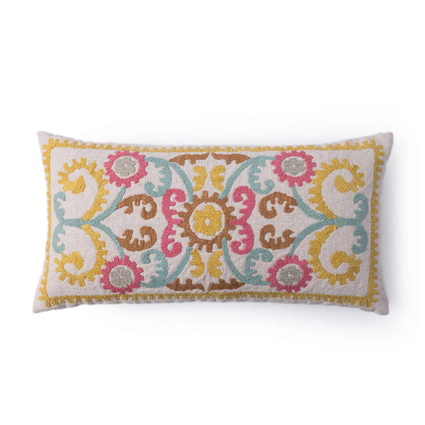 Bohobloom Cotton Linen Machine Embroidered Lumbar Cushion Cover