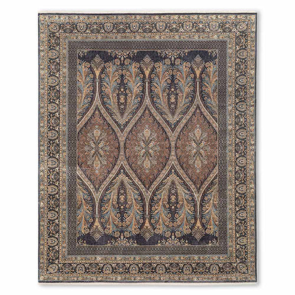 Jamawar Black Hand Knotted Silk and Woollen Rug By JJ Valaya