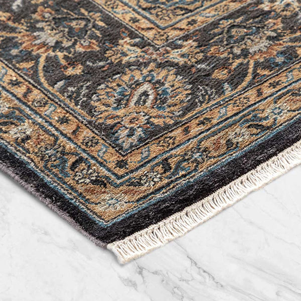 Jamawar Black Hand Knotted Silk and Woollen Rug By JJ Valaya