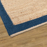 Blue Border Hand Woven  Jute, Hemp and Woollen Dhurrie